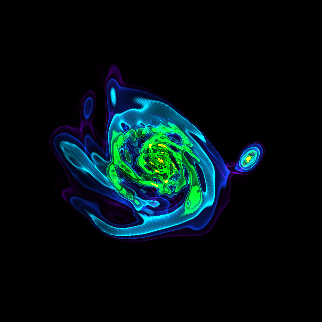Figure 24: Volume rendering of gas density isocontours around a galaxy in a cosmological zoom-in simulation performed with RAMSES. Adapted from [114].