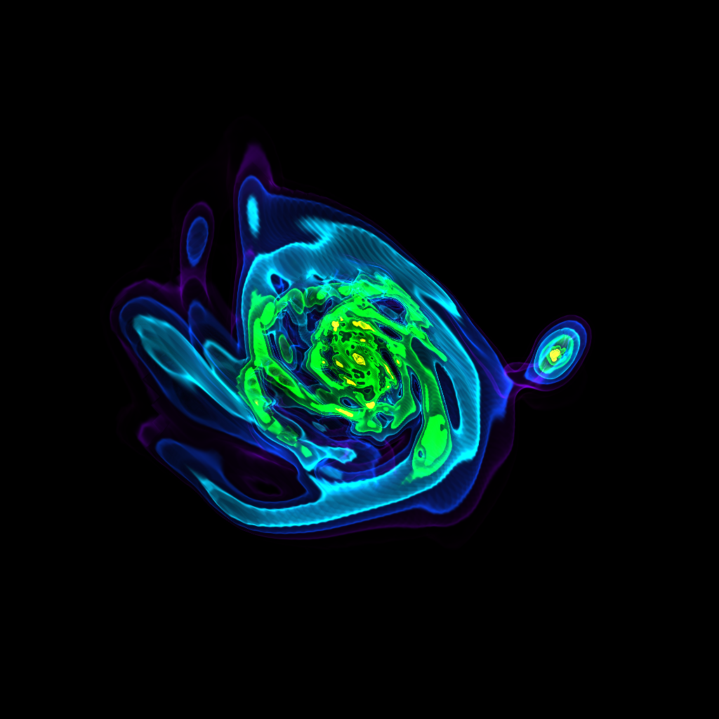 Figure 26: Volume rendering of gas density isocontours around a galaxy in a cosmological zoom-in simulation performed with RAMSES. Adapted from [104].